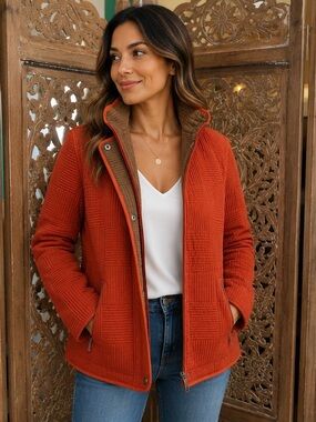 Gallery Quilted Orange Utility Jacket with Brown Trim